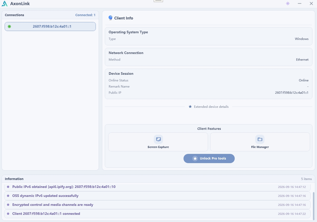 AxonLink hub — connections, device info, and workspace overview